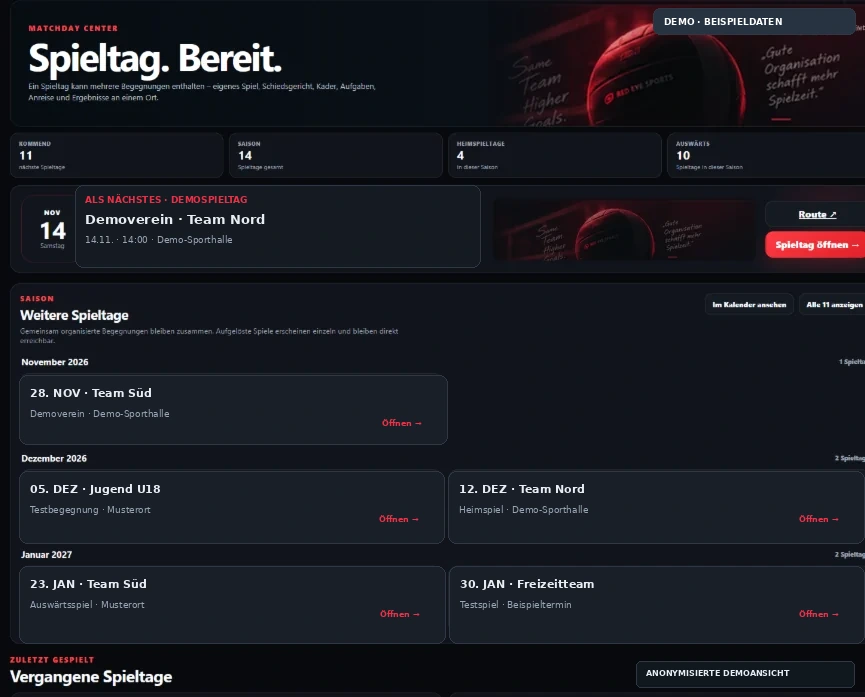 Anonymisierte Demoansicht von RedEye Sports